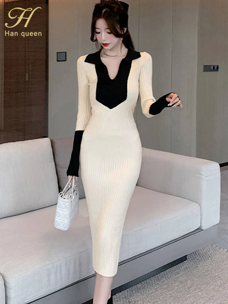 Korean Style Knit Dress Long Sleeve Color Block Lace
