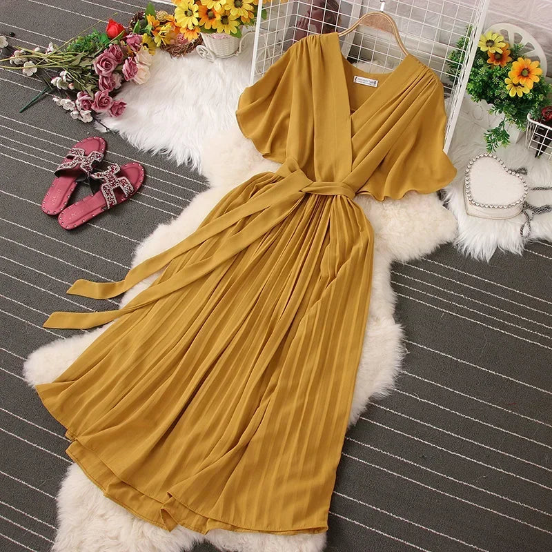 Chiffon Pleated Lace Up V Neck Dress For Women Summer