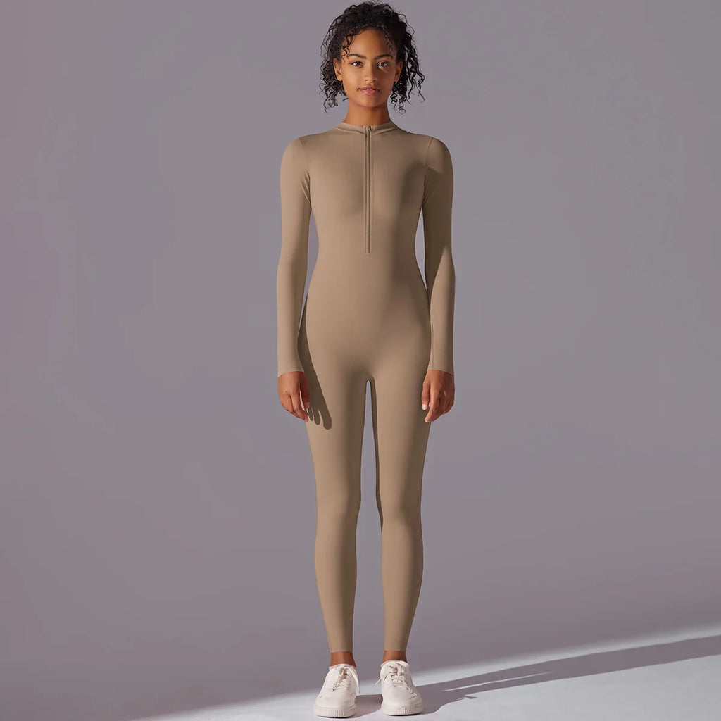 Women Nude Zipper Yoga Jumpsuit Long Sleeve One Piece Leotard High Intensity Workout Fitness Dance Gym Aerial Activewear