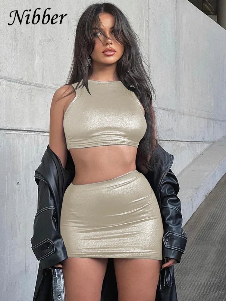 Shiny Silky Two Piece Set for Women Skinny Sleeveless Vest with Sexy Drawstring Hip Wrap Skirt Casual Streetwear Outfit