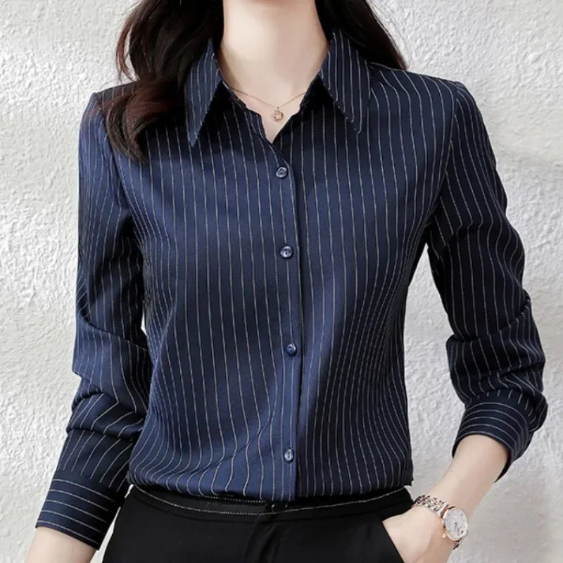 Striped Long Sleeve Women Shirt Button Up Blouse Lightweight Chiffon Tops Elegant Casual Office Wear