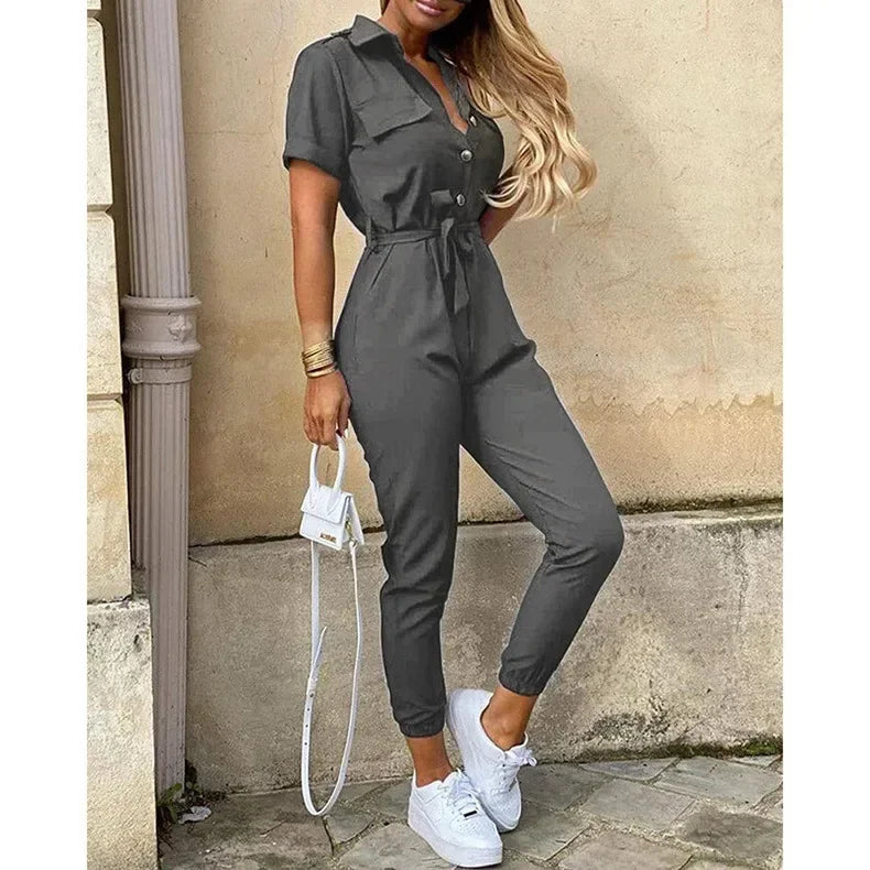 Casual Chic Overalls for Women Lapel Lace-Up Print Belted Work Jumpsuit One-Piece Bodysuit Elegant Long Sleeve Jumpsuit with Stylish Fit