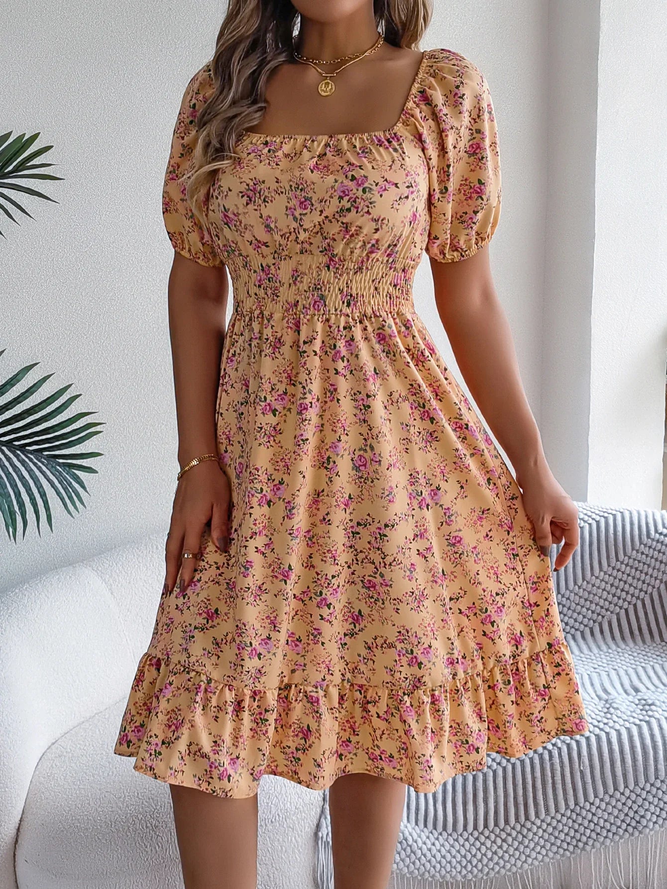 Floral Print Square Neck Dress With Shirred Waist Detail