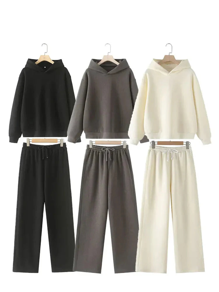 Solid Hoodie Top and Wide Leg Long Pant Set for Women with Elastic Waist and Chic Lace-Up Design