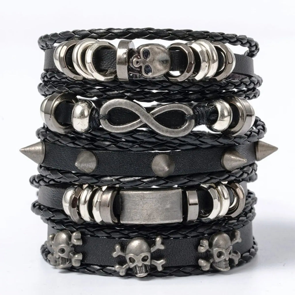 6 Piece Black Punk Skull and Star Shaped Alloy and PU Leather Bracelet Set
