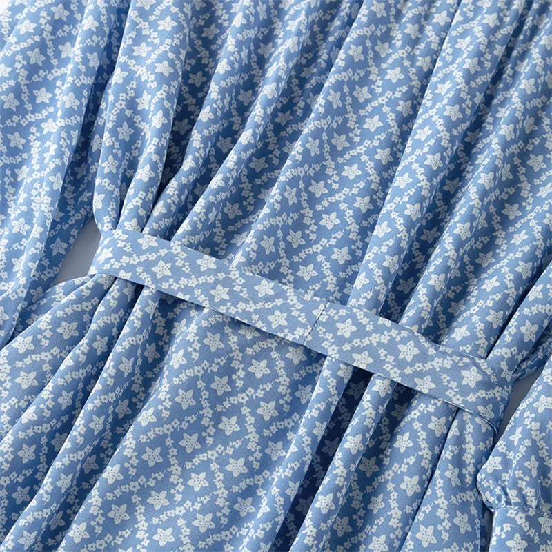 Silk Midi Dress For Women Blue Floral Ruffles V Neck