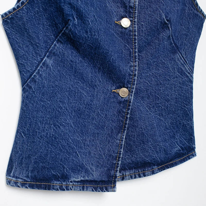 Women's Fashion Denim Blue V-Neck Tank Top and Vintage Straight Leg Pants Two Piece Set