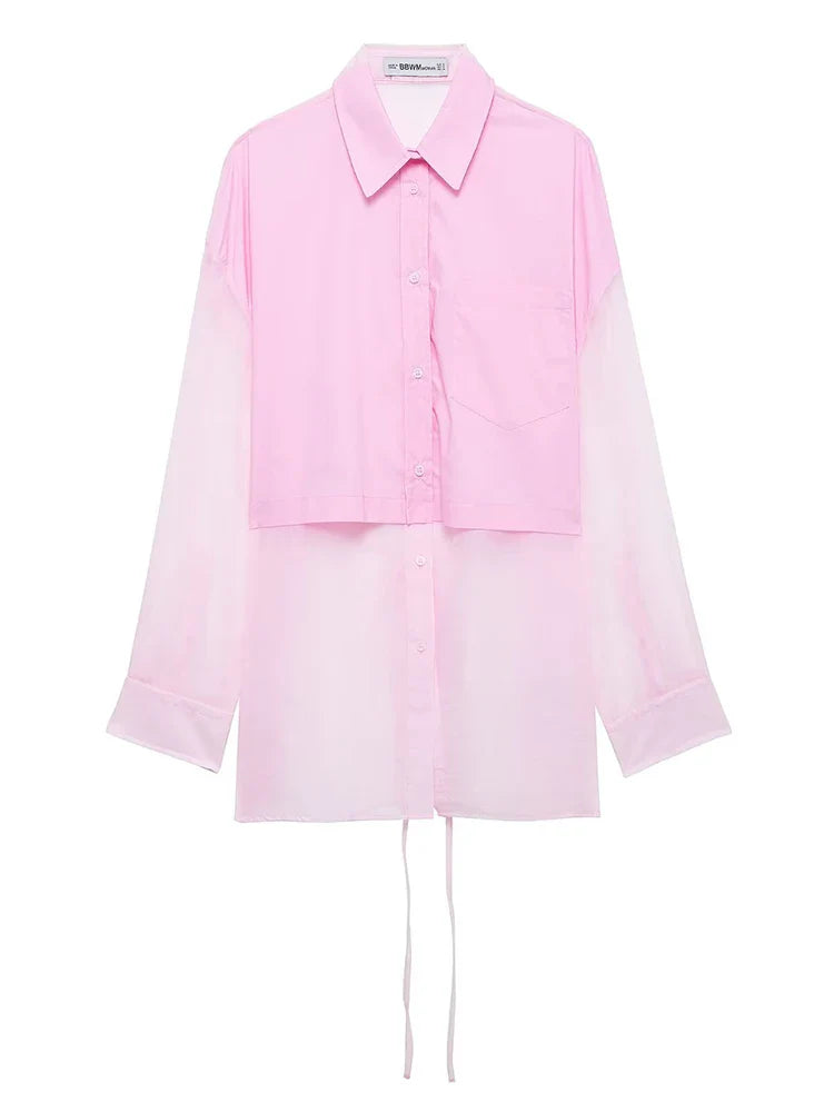 Women's Patchwork Translucent Blouse with Lace-Up Detail Casual Lapel Single-Breasted Long Loose Top for Spring and Summer