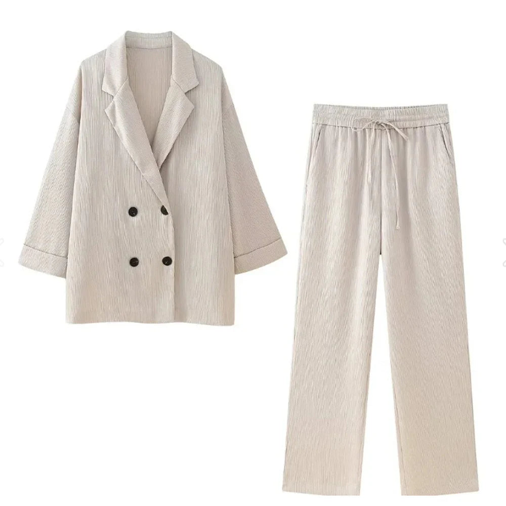 Women's Satin Blazer and High Waisted Straight Leg Pant Set with Crease Texture