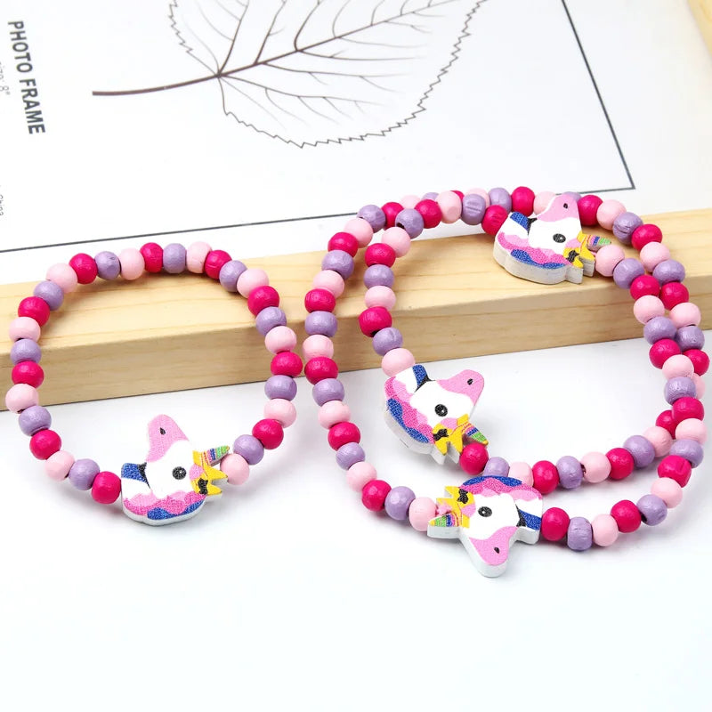Colorful Cartoon Unicorn Wooden Jewelry Set for Kids Necklace and Bracelet Gifts