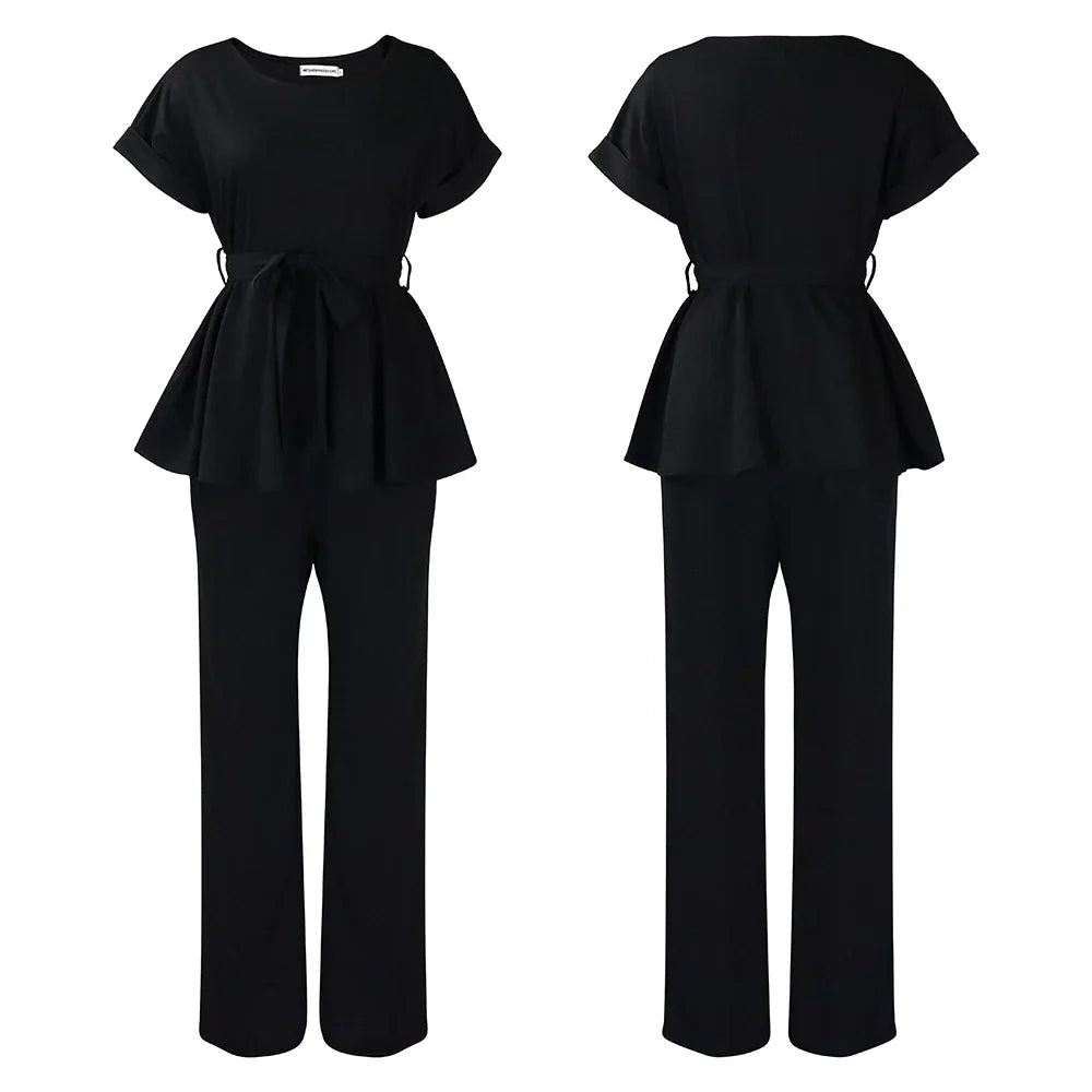 Women's Elegant 2 Piece Pants Set with Solid Blouse Short Sleeve O Neck and Long Trousers