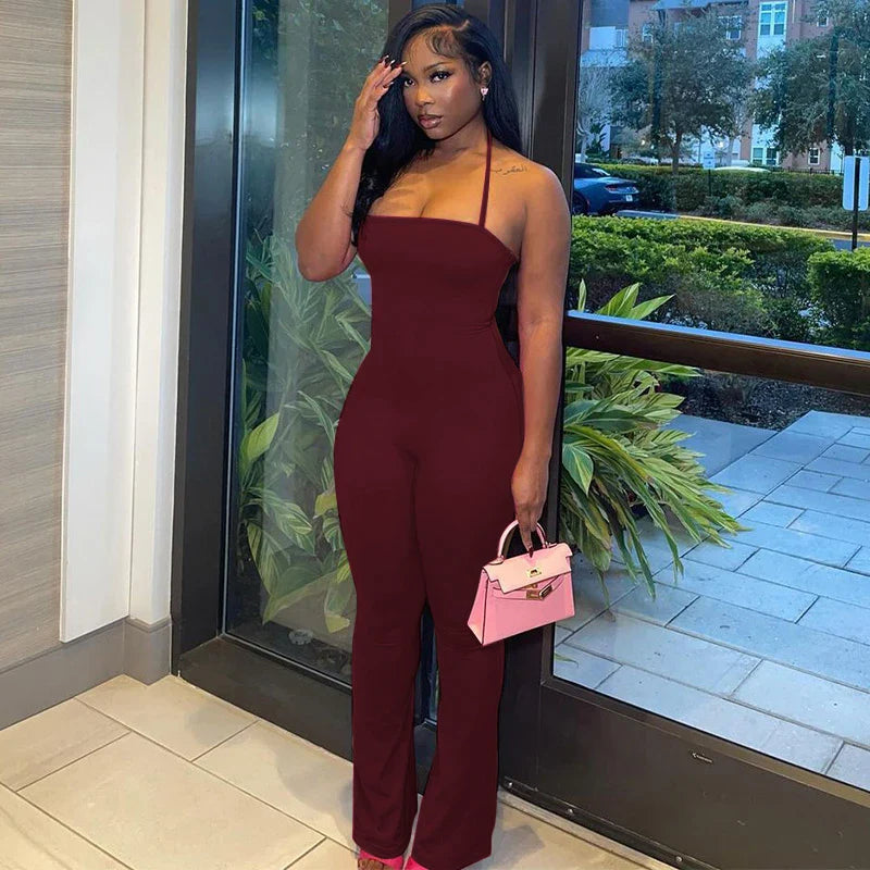 Sleeveless Halter Backless Bodycon Jumpsuit with Flare Pants Casual Rompers for Women Streetwear Festival Outfit