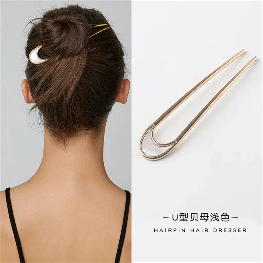 Elegant U Shape Hair Stick for Women in Silver and Gold Color with Shell Enamel Design