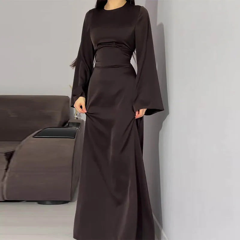 Satin Evening Dress With Lace Up Slim Fit Flare Sleeves