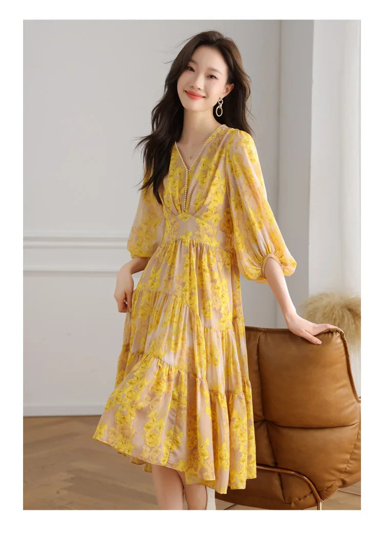 Floral Chiffon Dress For Women V Neck A Line Dress