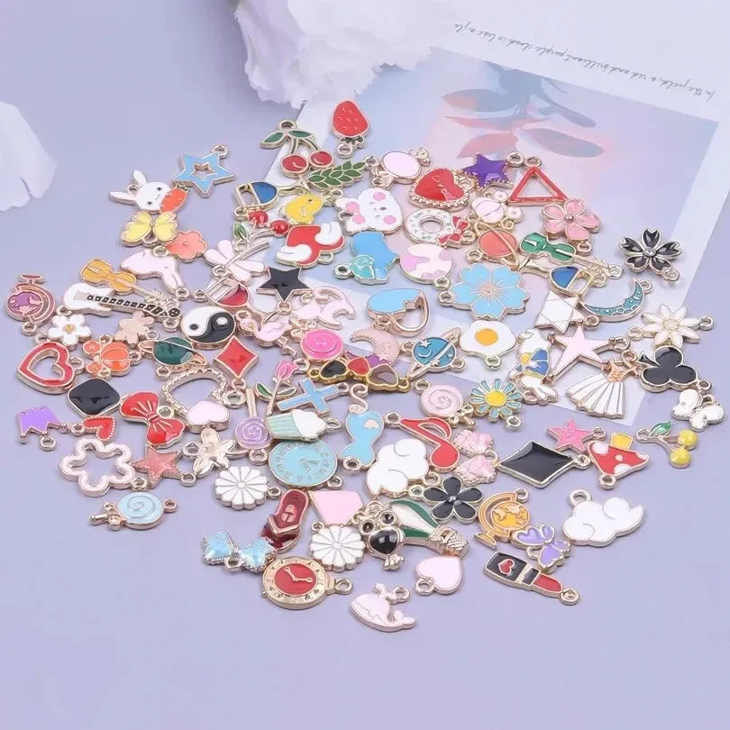 50Pcs Assorted Enamel Animal Flower Heart Charms for DIY Jewelry Making