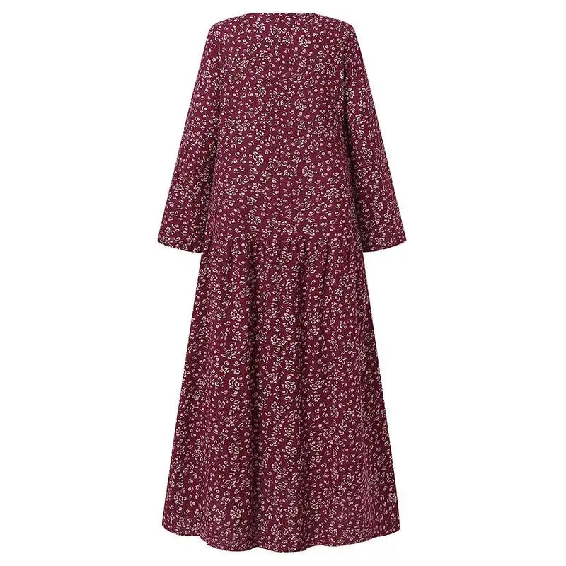 Floral Print Maxi Dress With Long Sleeves O Neck Boho Style