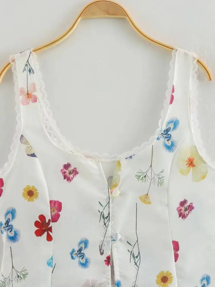 Women's Square Collar Lace-Up Slim Fit Top and Single Breasted A-Line Midi Skirt Two-Piece Set with Feminine Print