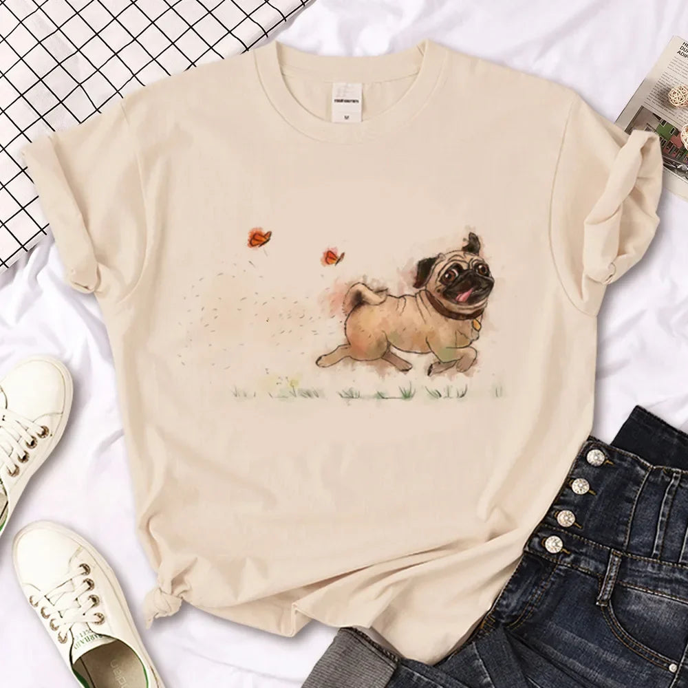 Pug Anime T-Shirt for Women Japanese Style Summer Streetwear Basic Tee