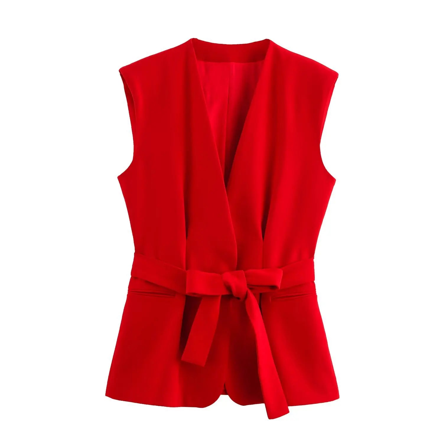 Women's Belted V-neck Vest Top with Shoulder Pads and Pockets Paired with Flared Pants for Casual Spring Summer Chic Look