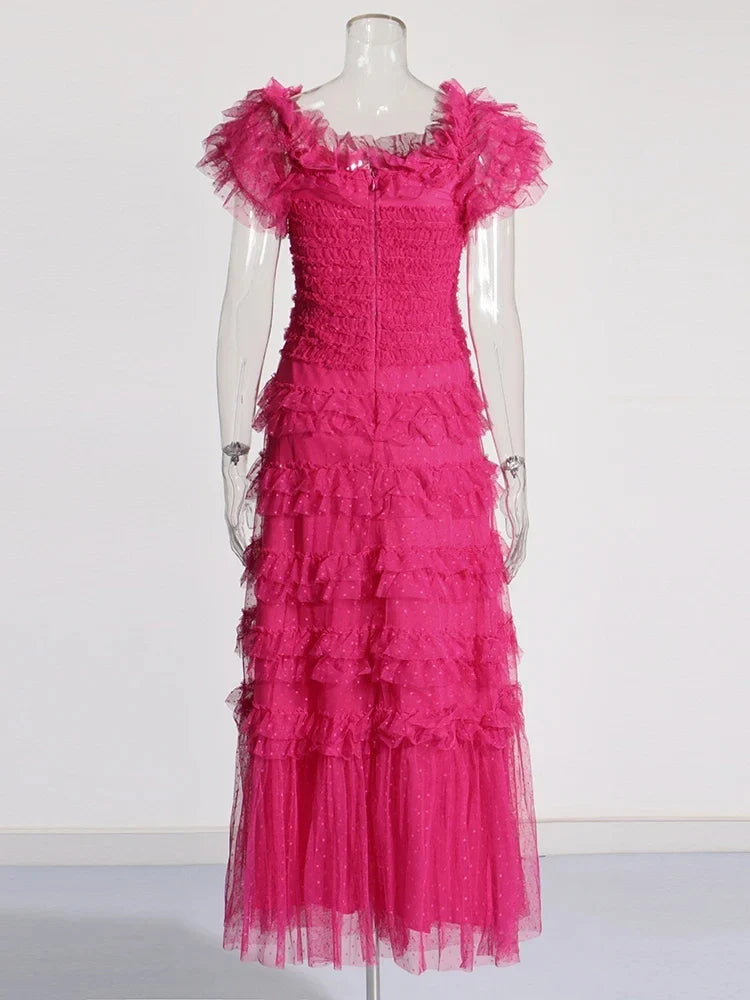 Patchwork Mesh Dress For Women High Waist Ruffled Casual