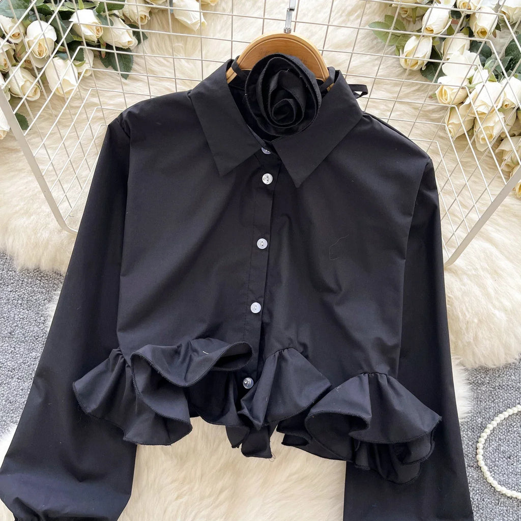 Women's 3D Floral Long Sleeve Blouse Single Breasted Turn-Down Collar Slim Fit Solid Color Shirt