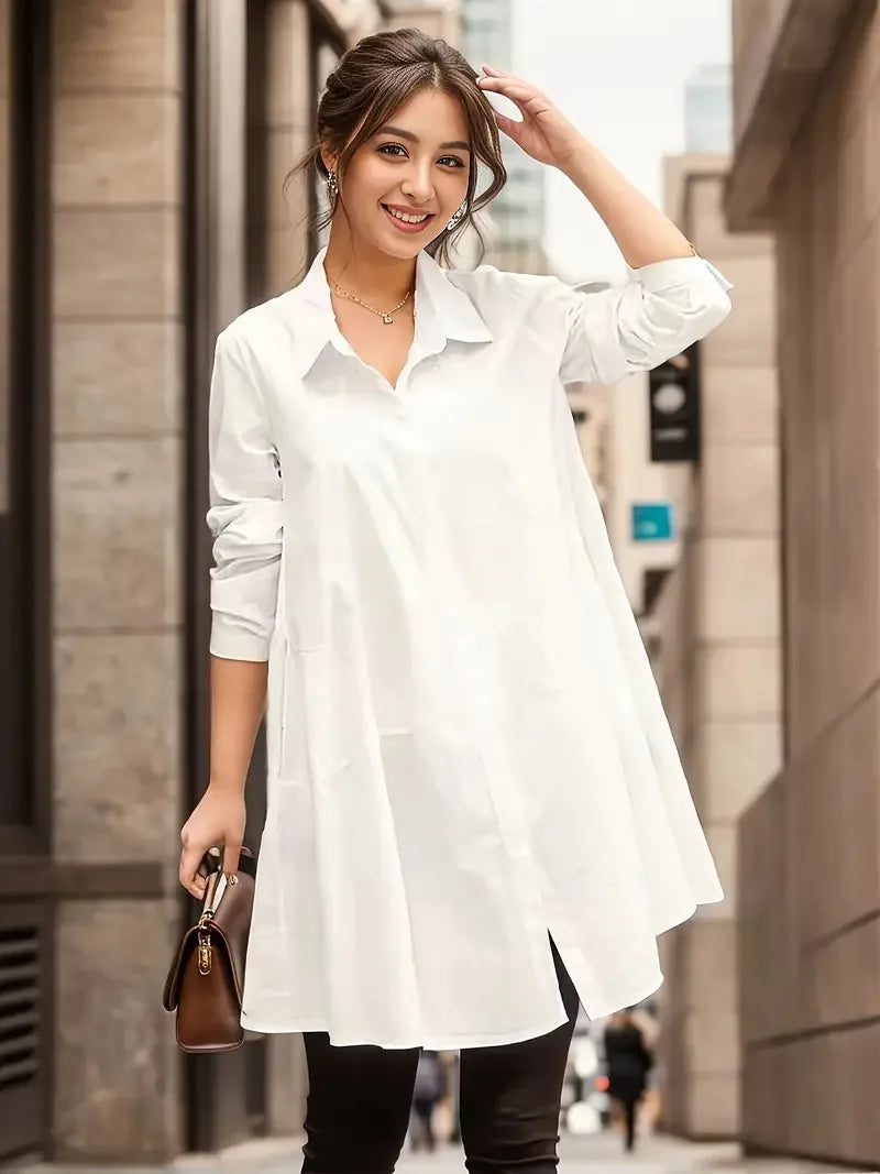 White Casual Loose Blouse for Women Mid Length Long Sleeve Autumn Winter Top Soft Comfortable Korean Fashion