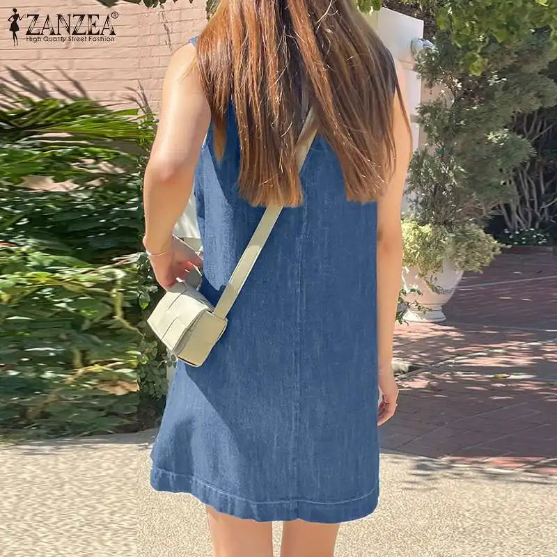 Denim Midi Dress for Women Sleeveless O Neck Blue Casual