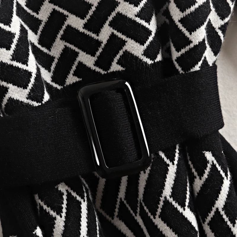 Jacquard Knit Sweater Dress With Belt Elegant Pleated Maxi