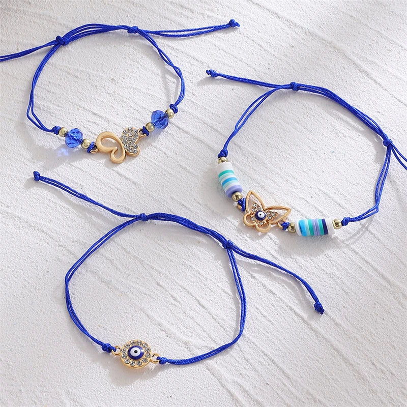 3 Pieces Lucky Turkish Blue Evil Eye Bracelets with Fatima Hand Hamsa and Butterfly Charm Handmade Jewelry