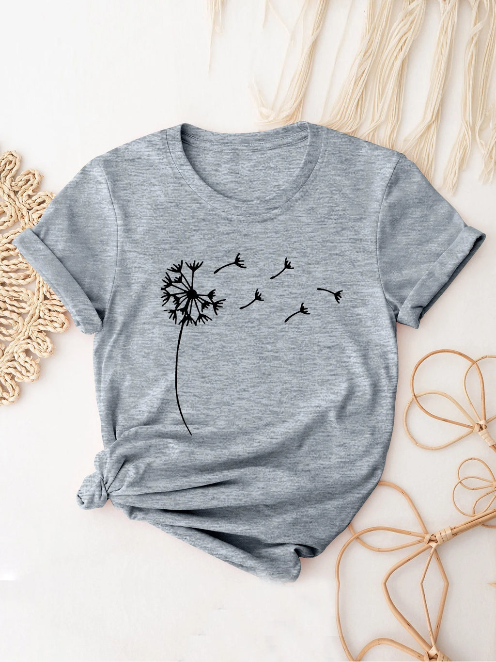 Dandelion Print Casual Crew Neck T-Shirt for Women, Short Sleeve Spring and Summer Top
