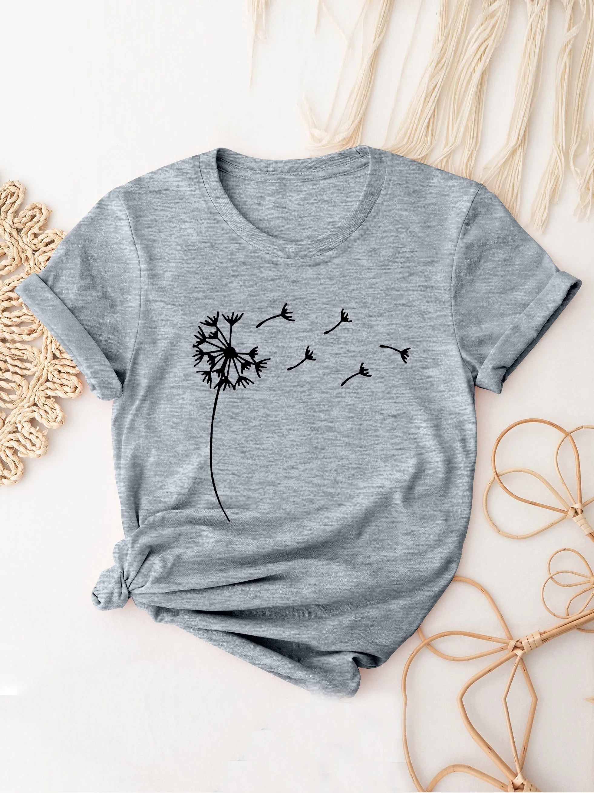 Dandelion Print Casual Crew Neck T-Shirt for Women, Short Sleeve Spring and Summer Top
