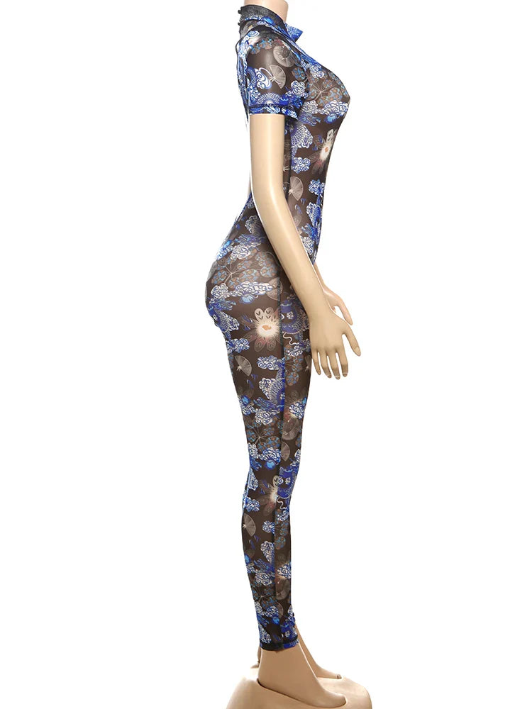 Colorful Mesh Print Jumpsuit for Women Sheer Backless Summer Clubwear Peach Buttocks Contour Tight Fit Overalls