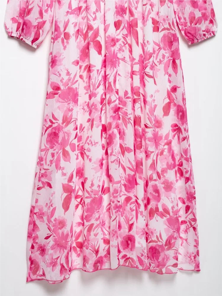 Printed Midi Dress With Belt for Women V Neck Chic