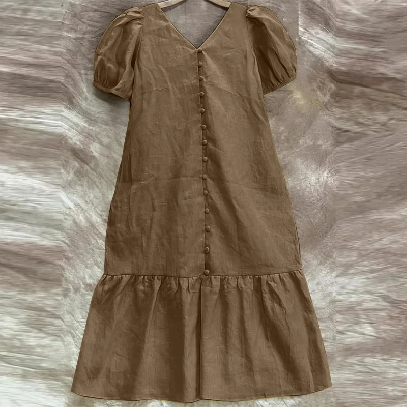 V Neck Puff Sleeve Midi Dress Solid Color Casual Wear