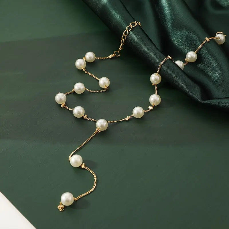 Gold-Plated Imitation Pearl Necklace Earring Bracelet Set for Ladies with Elegant Tassel Design