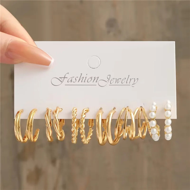 Fashion Geometric Hoop Earrings Set for Women Vintage Bohemian Pearl Gold Color Round Earrings Daily Wear Jewelry Gifts