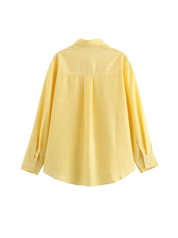 Elegant Stripe Long Sleeve Casual Shirt for Women Lapel Collar Single-Breasted Loose Slim Blouse Top Streetwear