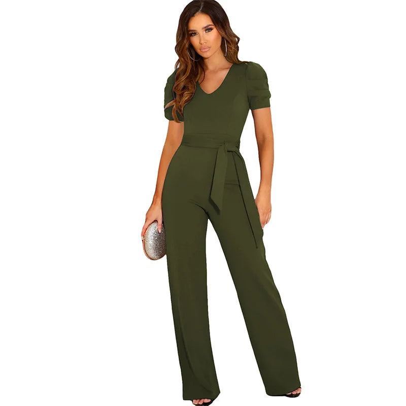 Strap Waist Wrapped Jumpsuit for Women V Neck Short Sleeve Wide Leg Long Pants Solid Color Summer Style
