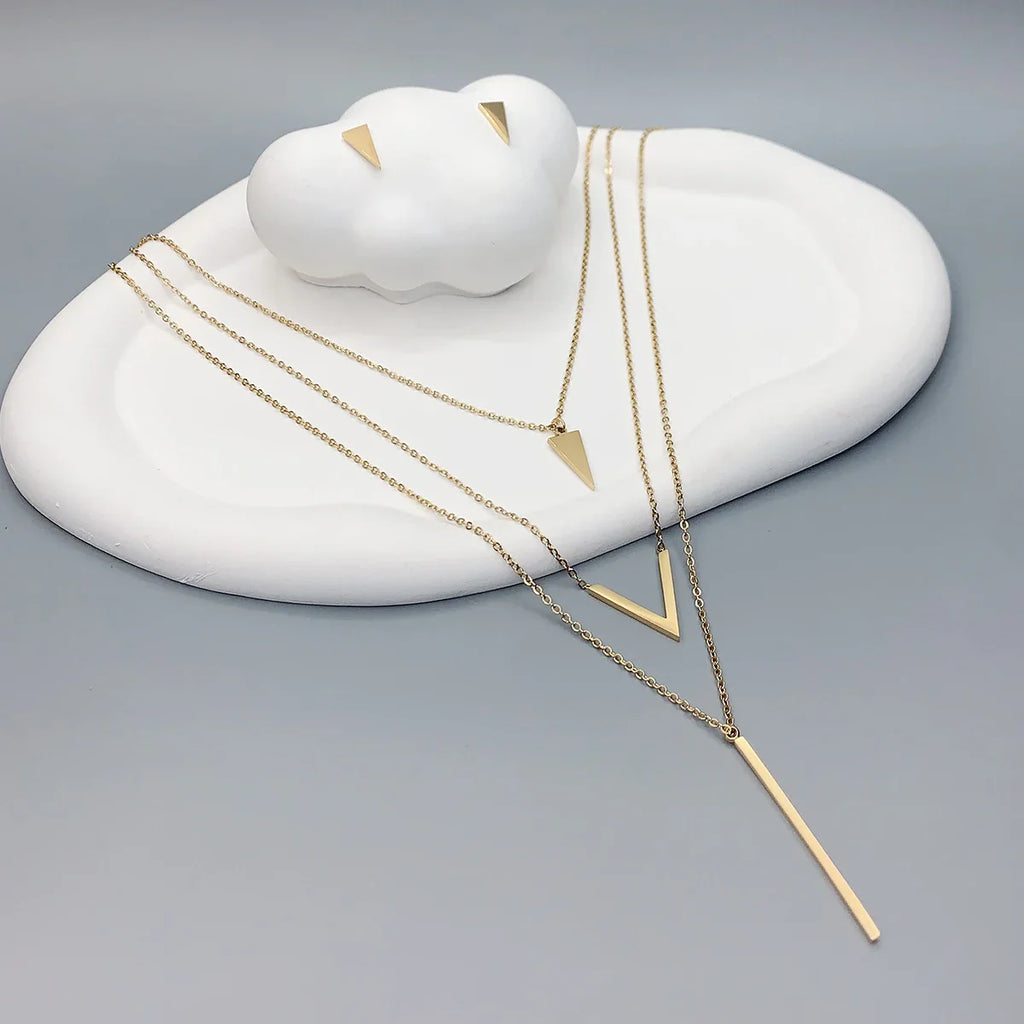 3 Piece Women's Stainless Steel V-Shaped Geometric Pendant Necklace and Earrings Set