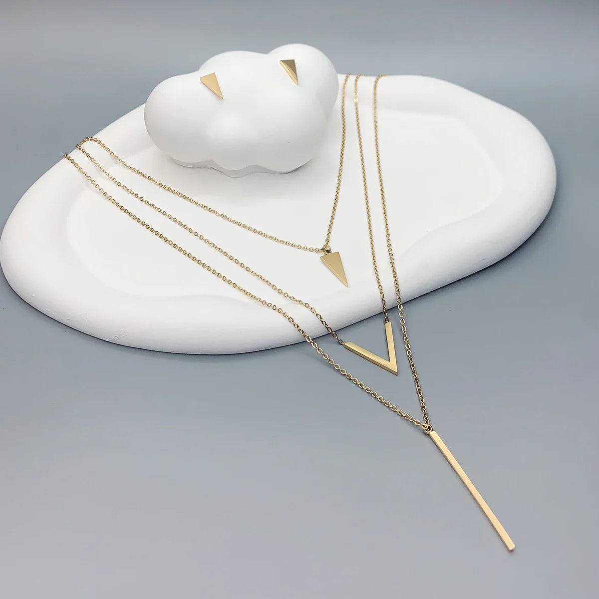 3 Piece Women's Stainless Steel V-Shaped Geometric Pendant Necklace and Earrings Set