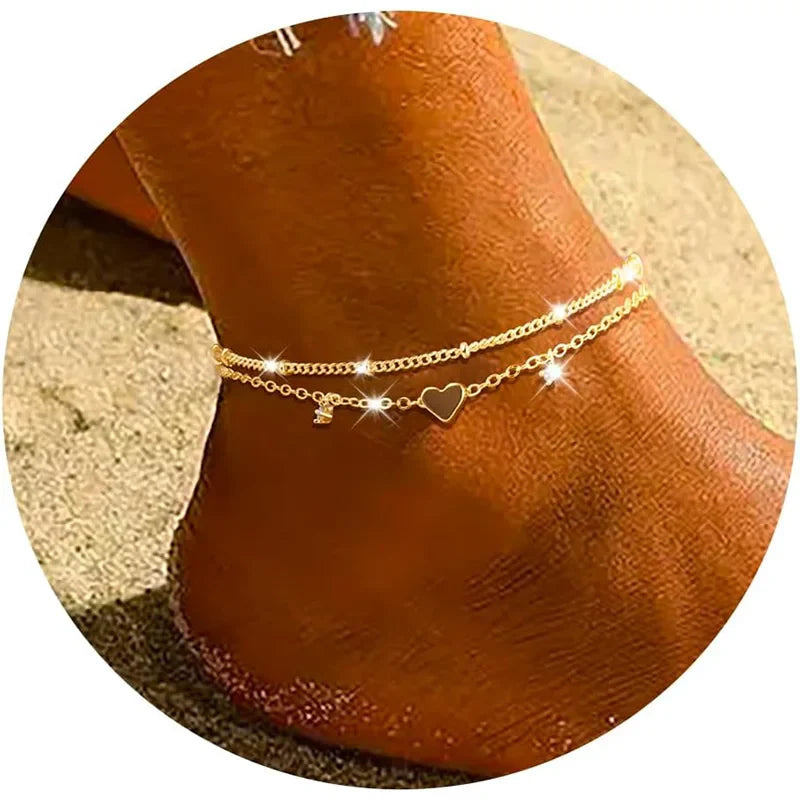 925 Silver Plated Heart Charm Anklet with Cubic Zirconia Dainty Layered Chain Jewelry for Women