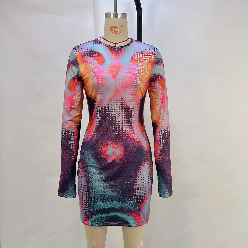 Autumn Winter Printed Round Neck Long Sleeve Womens Dress