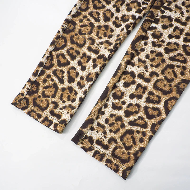 Leopard Print Long-Sleeved Crop Top with High-Waisted Trendy Jumpsuit Sexy Chic Stylish Outfit for Women