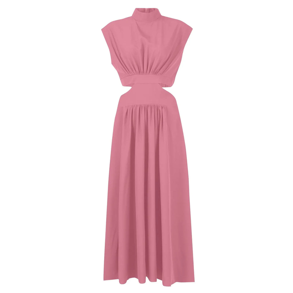 Solid Color High Waist Maxi Dress Sleeveless With Pockets