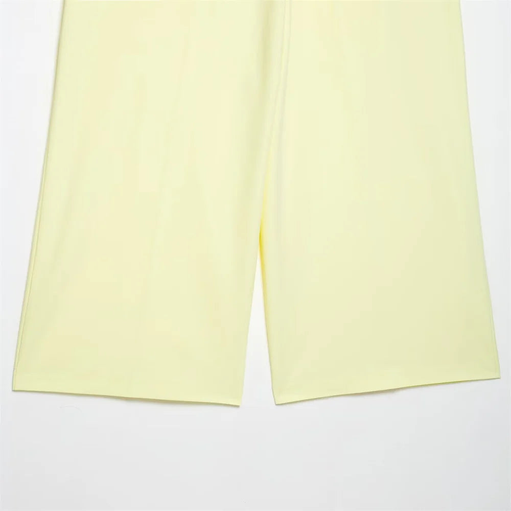 Womens Light Yellow Suit Set Halter Vest with Gold Buttons and Pleated Wide Leg Pants Stylish Ensemble