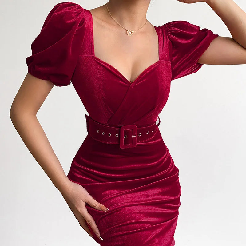 Velvet Wrapped Dress With Low Neck Bubble Sleeves Chic