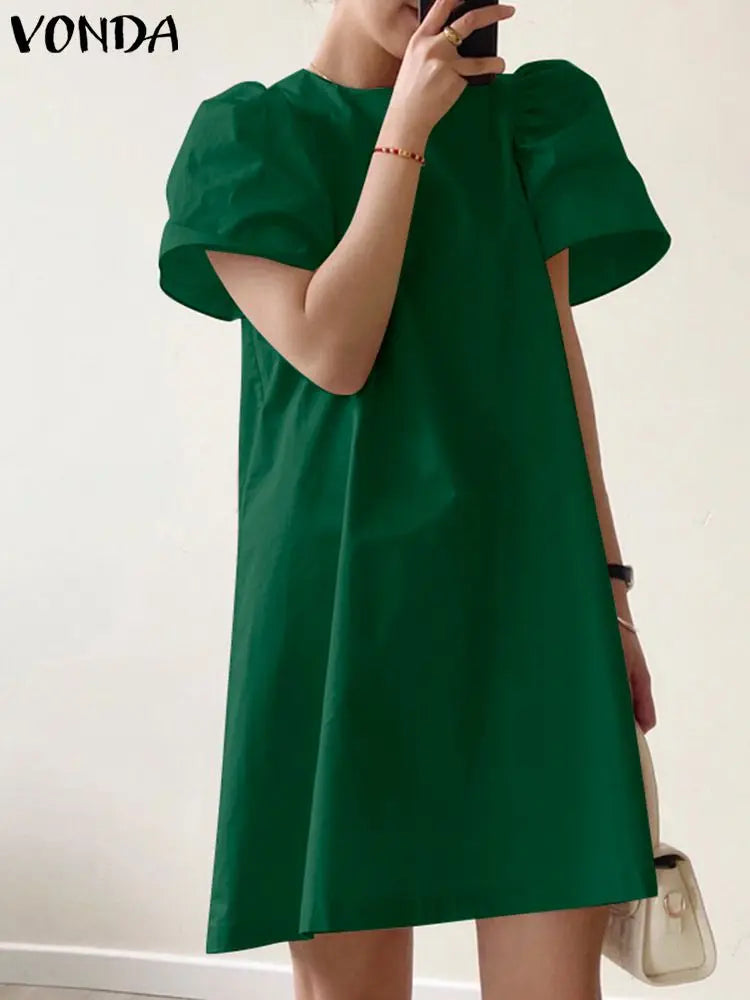 Summer Women Sundress Mini Pleated Puff Sleeve Dress