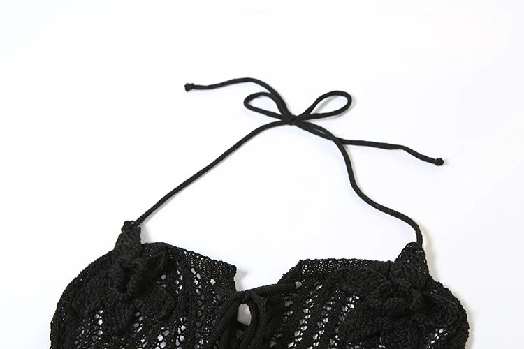 Knitted Floral Women Jumpsuit Sexy Pleated Halter Neck Bandage Low Back Skinny Overalls Trendy Solid Streetwear