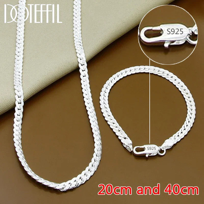 925 Sterling Silver Side Chain Necklace and Bracelet Set for Men and Women Fashion Jewelry